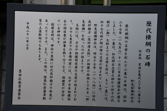 野見宿禰神社　歴代横綱の石碑　説明板