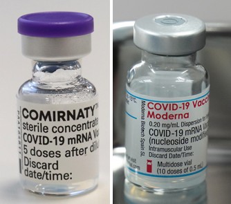 ファイザー製（左）とモデルナ製の新型コロナウイルスワクチン